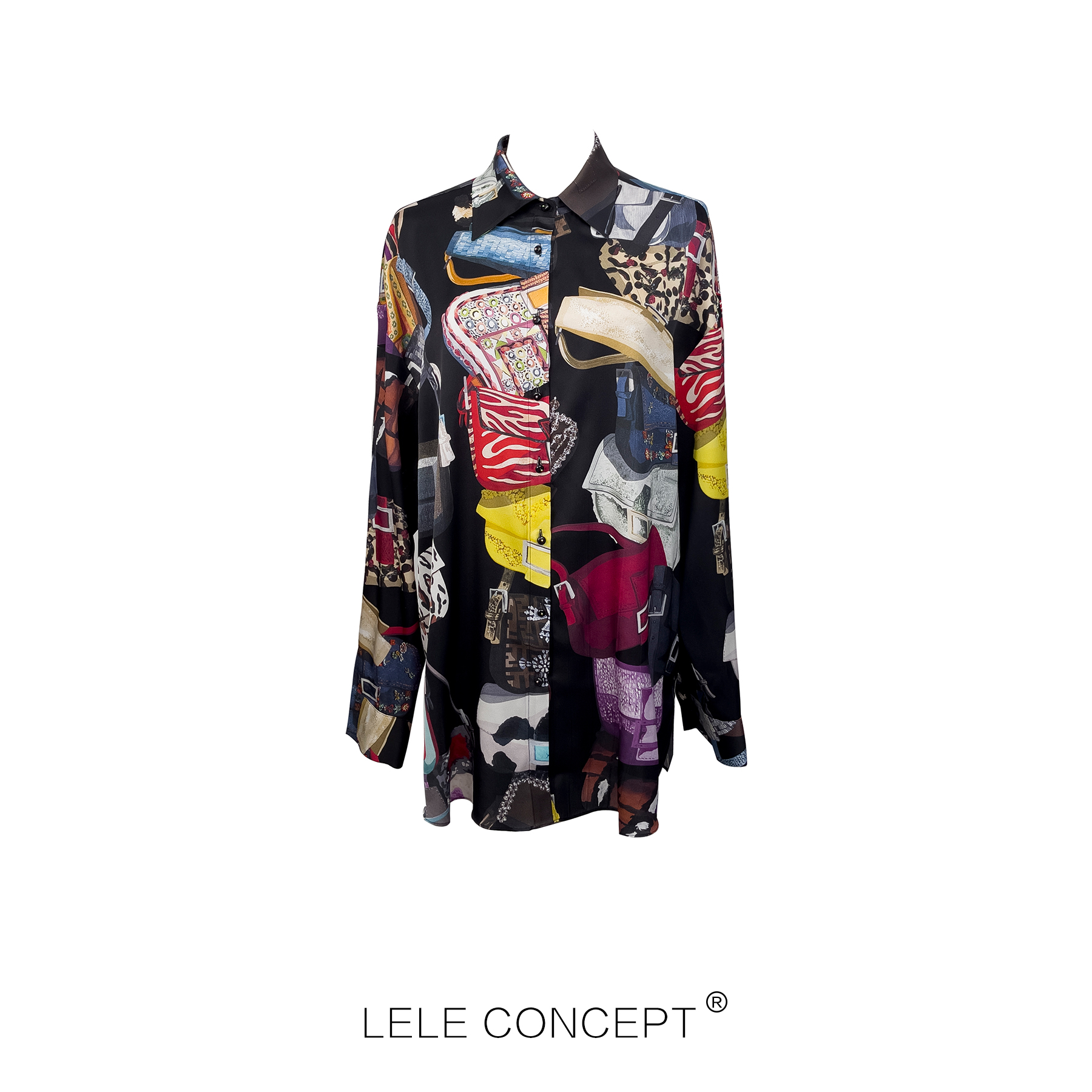【LELE】港风小众复古设计感宽松慵懒时尚个性包包印花衬衫S0279