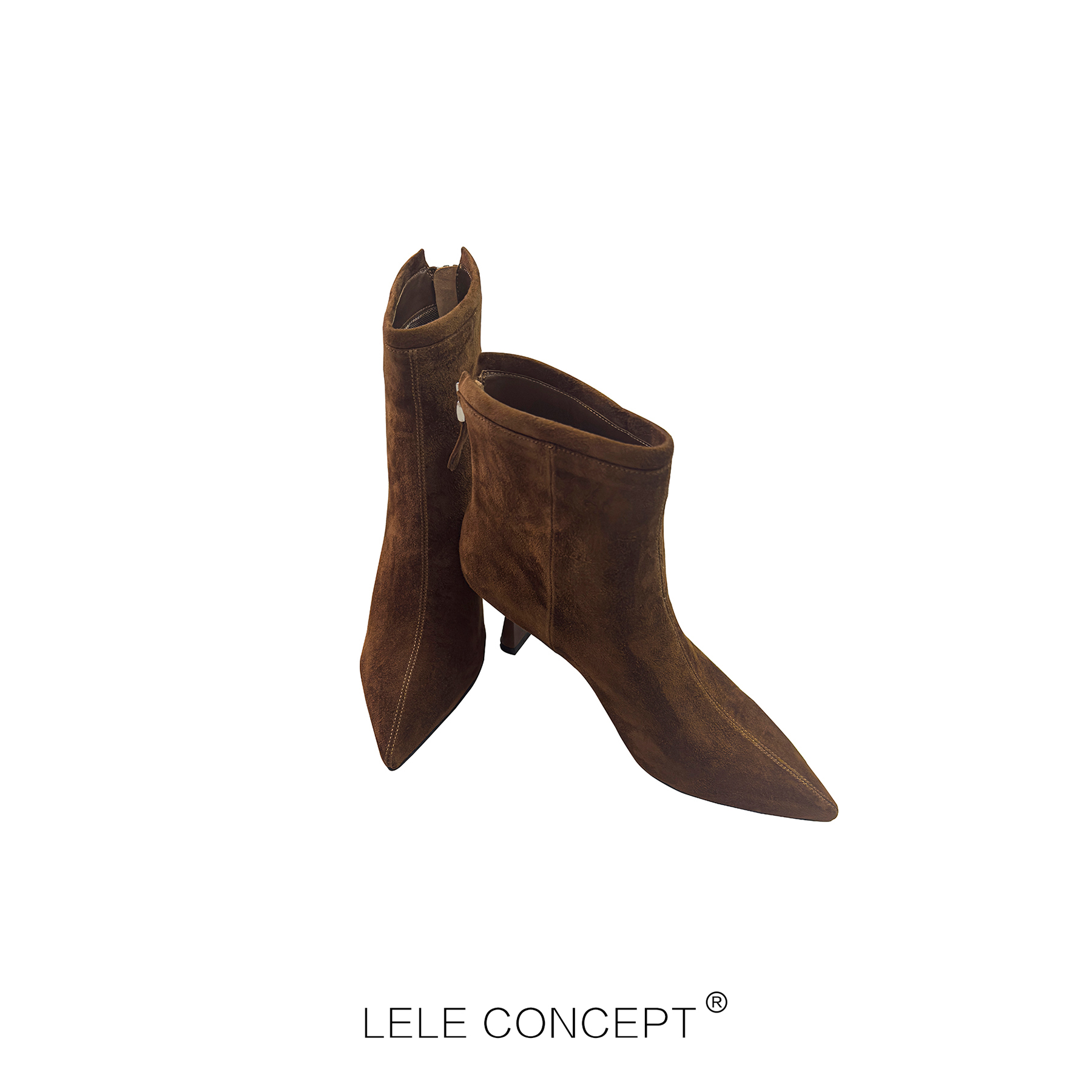 【LELE】秋冬尖头中跟短靴反绒拉链短靴气质细跟跟鞋百搭款X0093