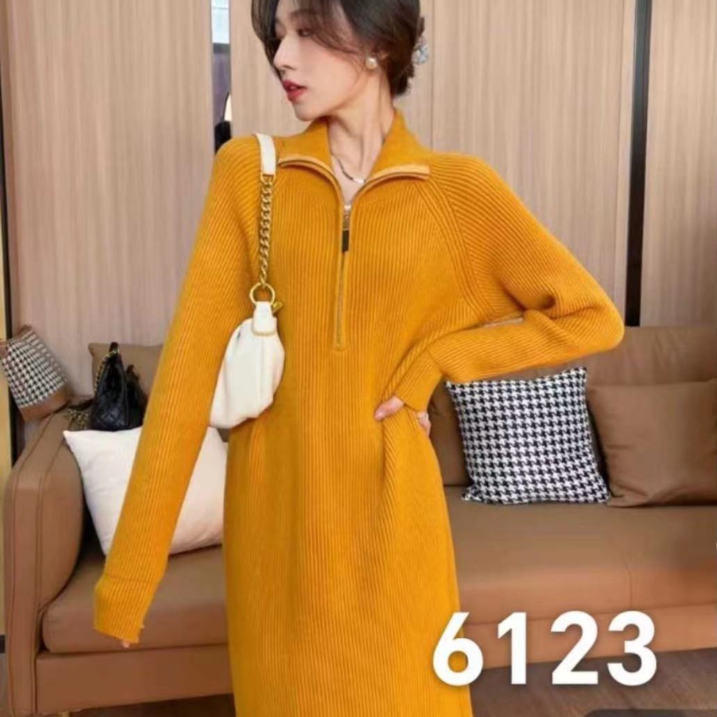 8748号欣宇6123#半拉链长袖韩系宽松针织裙（预）