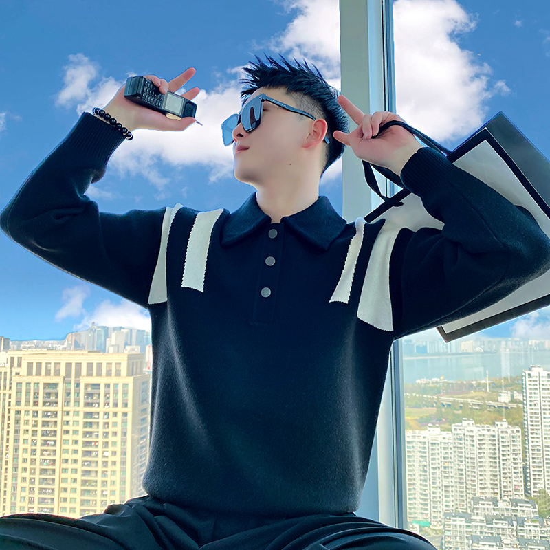 翻领加厚毛衣男POLO领打底衫长袖内搭2023新款秋冬季撞色针织衫帅