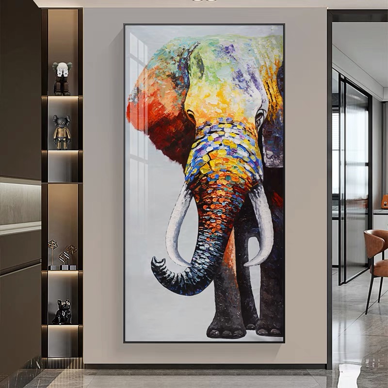 彩色大象玄关装饰画走廊客厅落地画手添笔彩绘油画大象80160