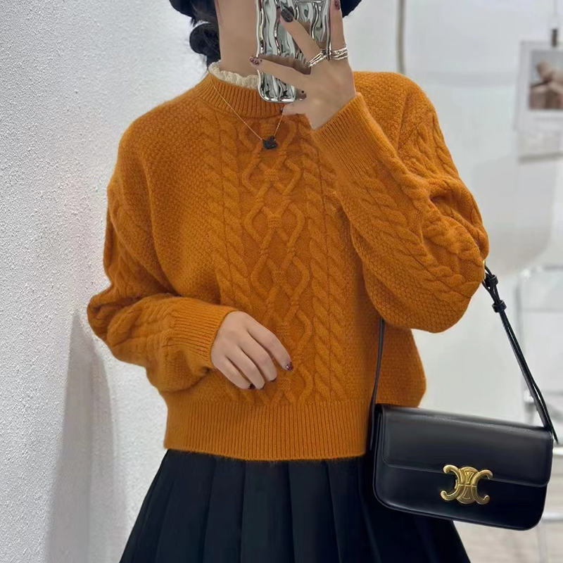 毛衣女秋冬加厚圆领百搭慵懒风针织衫女复古打底花边宽松韩版绞花