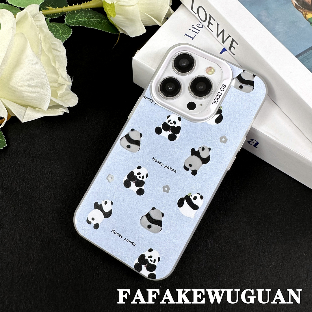 适用苹果15INS可爱跳舞熊猫彩银银色手机壳iphone15pro/14pro防摔