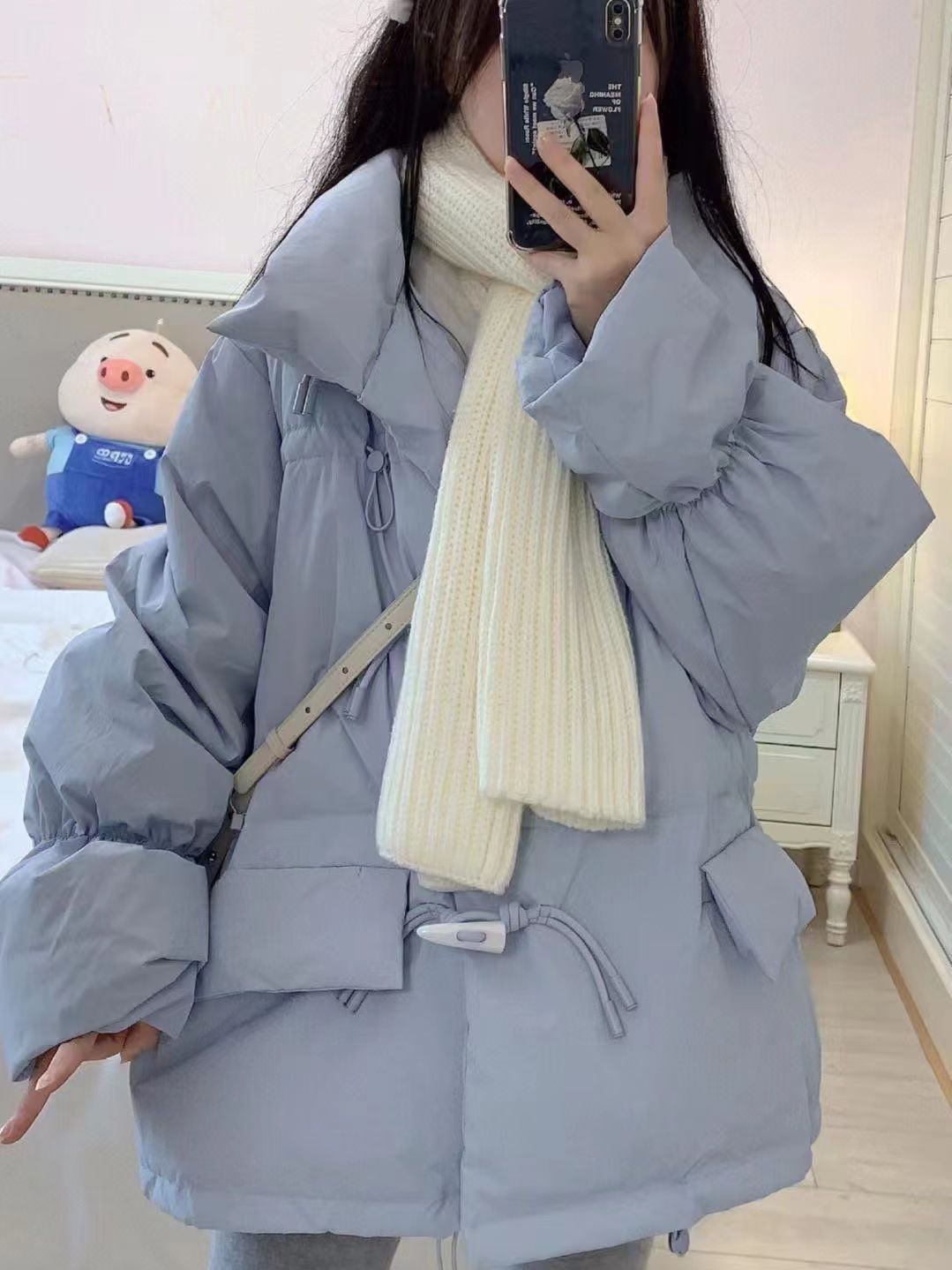 2023秋季日系学生女宽松韩版蓝色加厚保暖立领牛角扣面包棉服外套