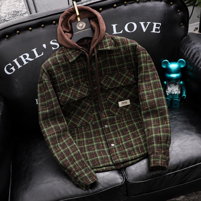 欧货假两件连帽男士美式潮牌冬季新款毛呢格子短款保暖外套帅气潮