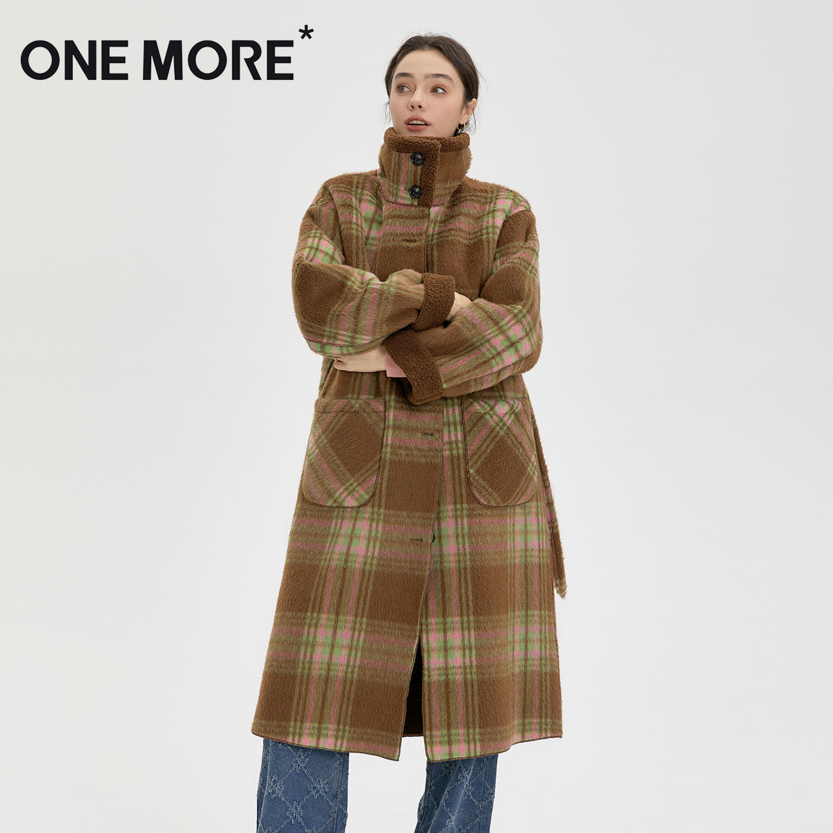 ONEMORE*2023气质韩版格子连帽大衣外套冬季保暖双面呢DYT23W3368