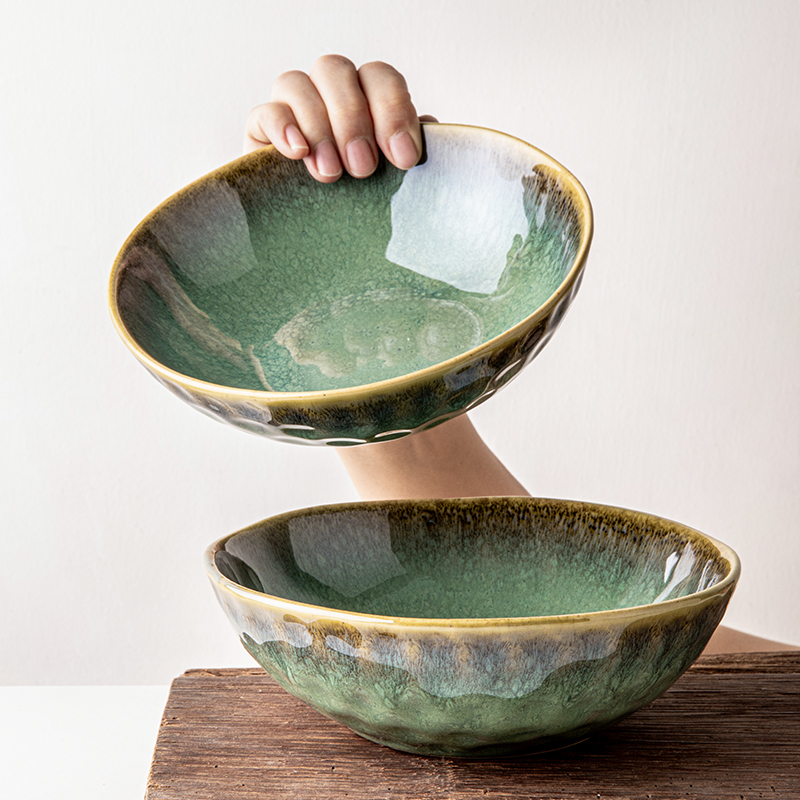 小悠家 孔雀绿复古窑变陶瓷碗家用水纹面碗沙拉碗菜碗异形餐具