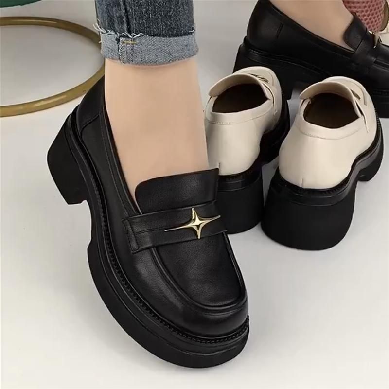红蜻蜓牌真皮乐福鞋女2023春秋季百搭单鞋粗跟一脚蹬舒适圆头英伦