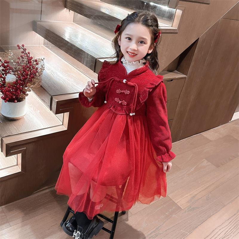 女童加绒保暖加厚拜年服连衣裙2023新款冬季女孩中国风喜庆年服裙