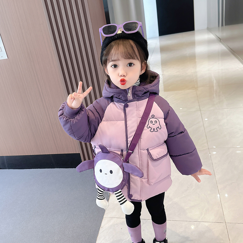 女童加绒保暖库洛米棉服2023新款冬季女孩韩版洋气时髦连帽外套潮