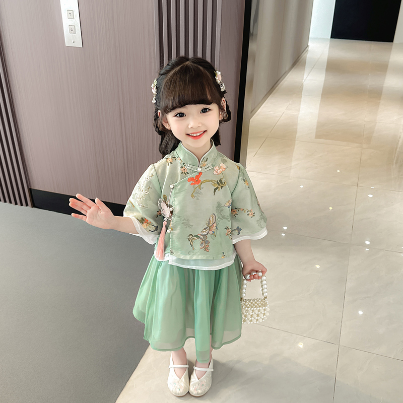 女童汉服2023新款夏季女孩中国风古风洋气复古唐装女宝表演服夏装