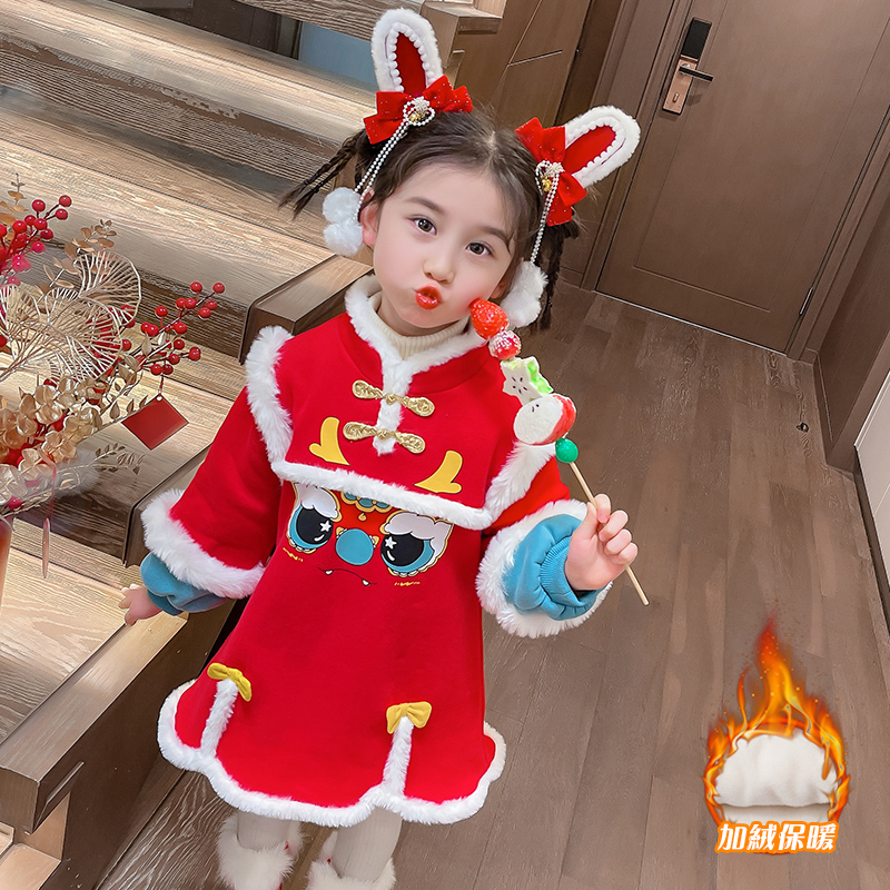 女童加绒加厚年服裙2023新款冬季女孩中国风国潮喜庆保暖连衣裙