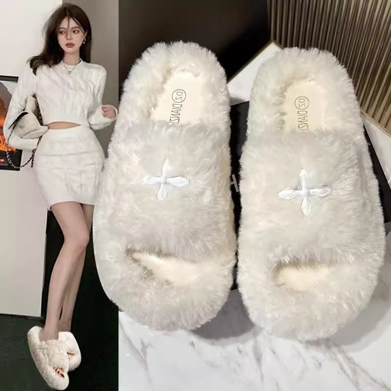 红蜻蜓牌毛毛拖鞋女外穿春秋季2023新款网红超火ins潮防滑厚底棉