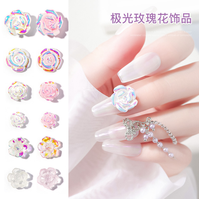 美甲饰品批发冰透幻彩极光玫瑰花立体花朵仙女高颜值秋冬美甲饰品