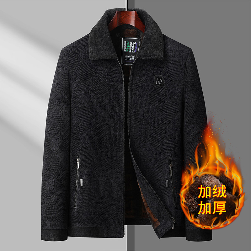 【李生严选】2356冬季新款中老年加绒毛呢夹克保暖爸爸装加厚外套