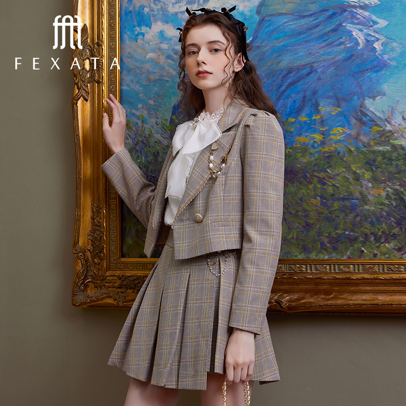 【老板娘夏天】FEXATA学院风时尚套装女格子复古两件套西装半身裙