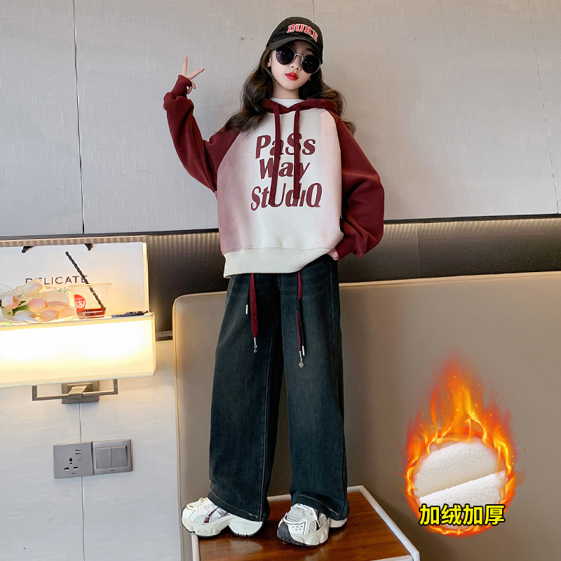女童秋冬套装2023新款洋气儿童装加绒加厚牛仔裤女大童卫衣两件套