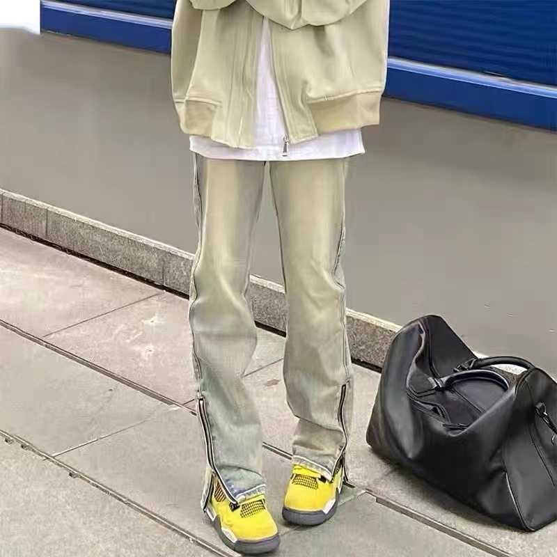 K8507 黄泥牛仔裤拉链潮牌微喇直筒百搭秋季美式高街vibe牛仔裤