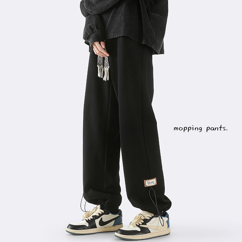 K1087 阔腿拖地裤春季宽松直筒贴标抽绳束脚美式休闲裤高级感长裤