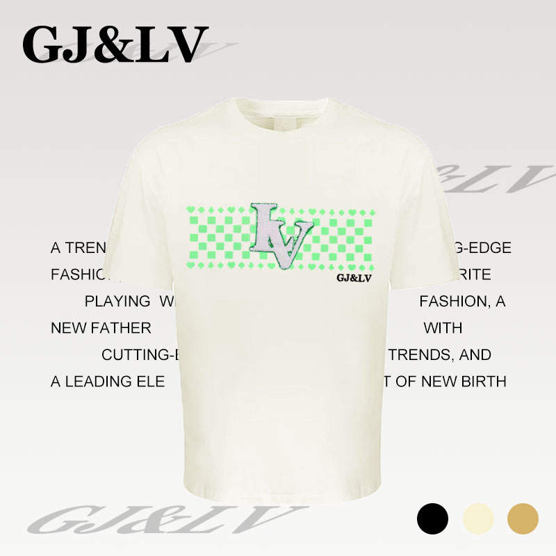 GJ&LV2922万针级刺绣绿色满印圆领短袖百搭潮流