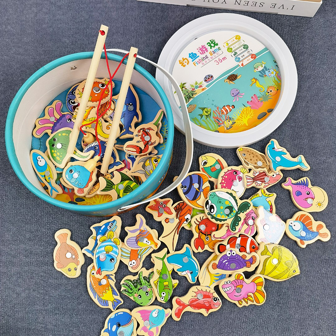 pm宝宝钓鱼玩具多功能木质磁性钓鱼早教钓鱼玩具可收纳提升专注力