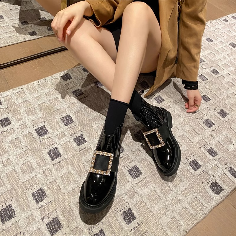 欧阳娜娜唐嫣同款厚底短靴2023秋冬水钻方扣马丁靴平底真皮切尔西