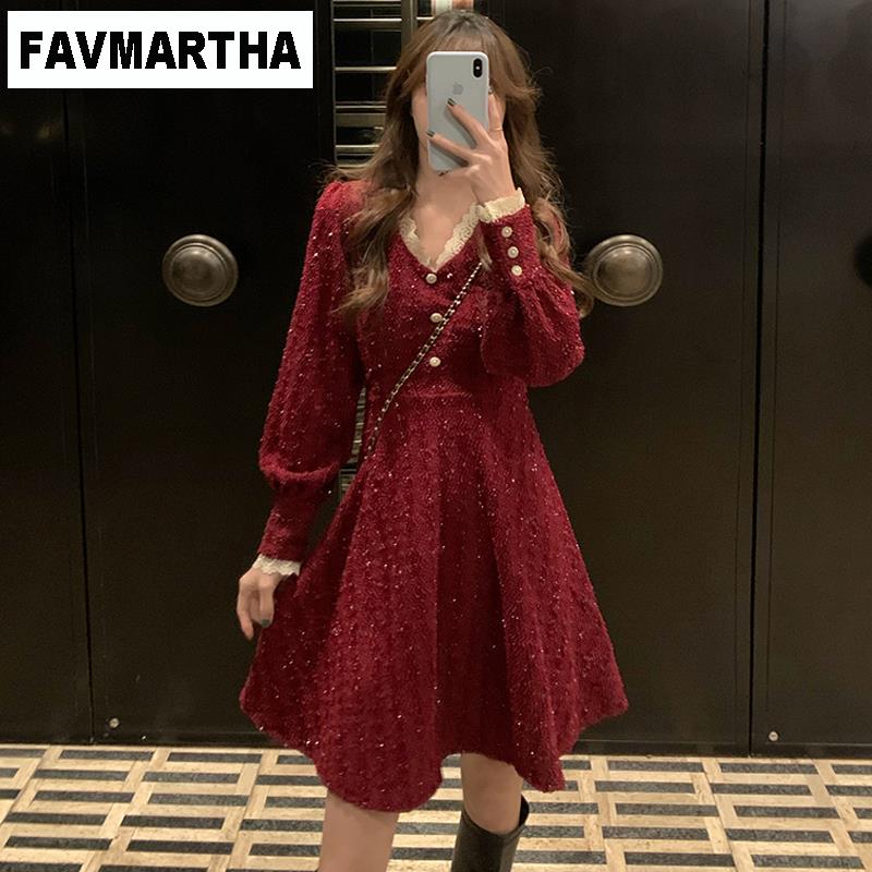 FAVMARTHA秋冬小个子本命新年红色连衣裙女法式圣诞节高级感打底v
