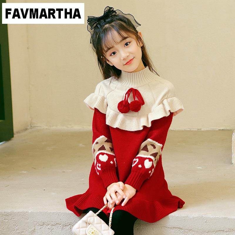 FAVMARTHA女童红色连衣裙冬裙圣诞衣服秋冬款2023新款冬装生日礼