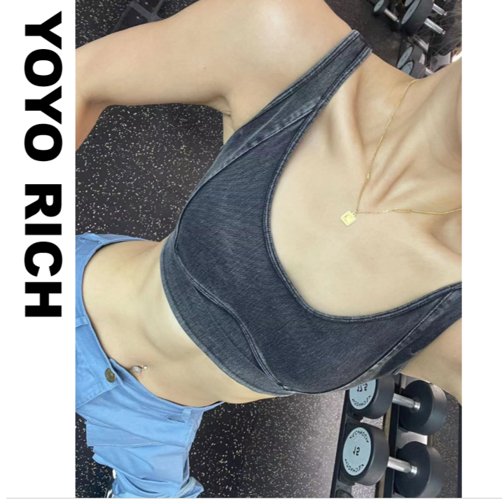 YOYO健身-辣妹仿牛仔瑜伽运动文胸女弹力带胸垫防震跑步健身美背