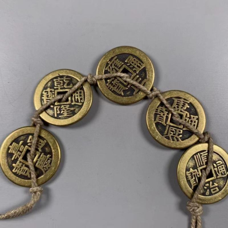 黄铜复古不锈钢五帝铜钱圆形雕刻把玩五个黄铜25MM纯铜加厚五帝钱