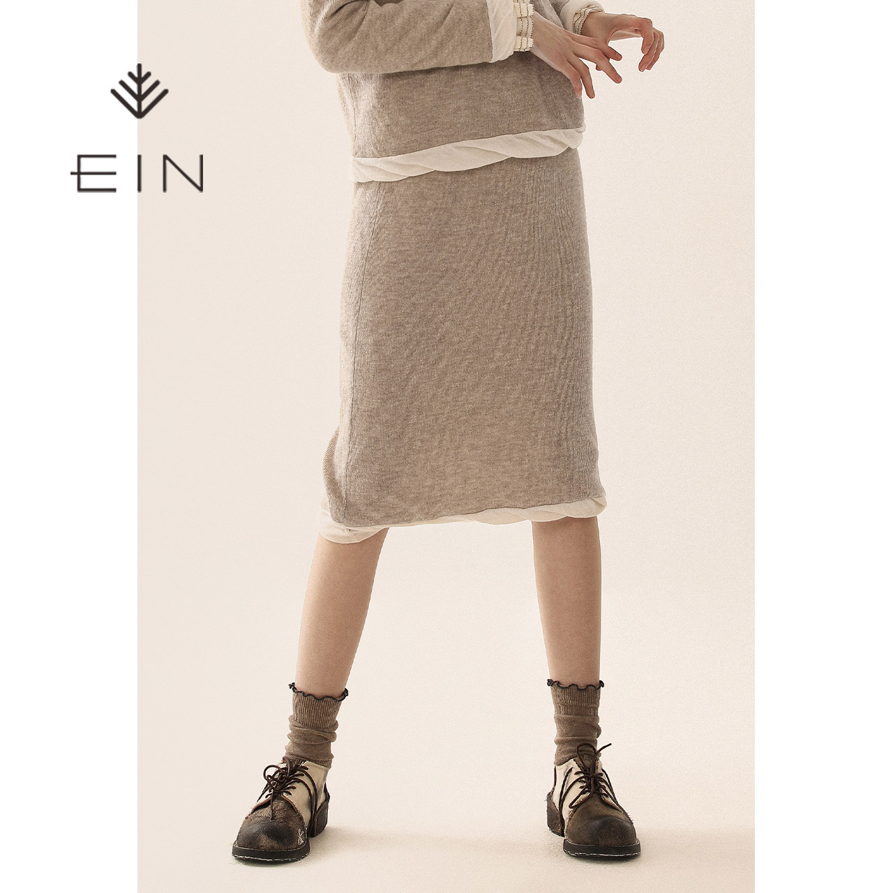 EIN/言2024春季新品纯羊毛针织半身裙中长款松紧腰撞色A字裙子女