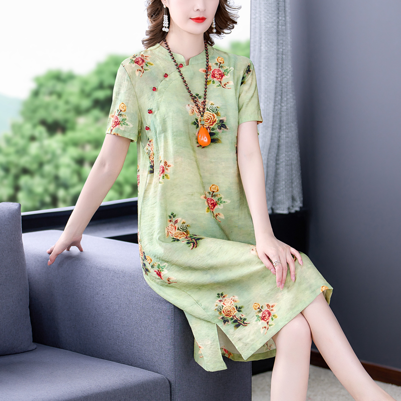 2023夏季新款修身显瘦气质改良旗袍中国风印花舞台妆晚礼服戏服
