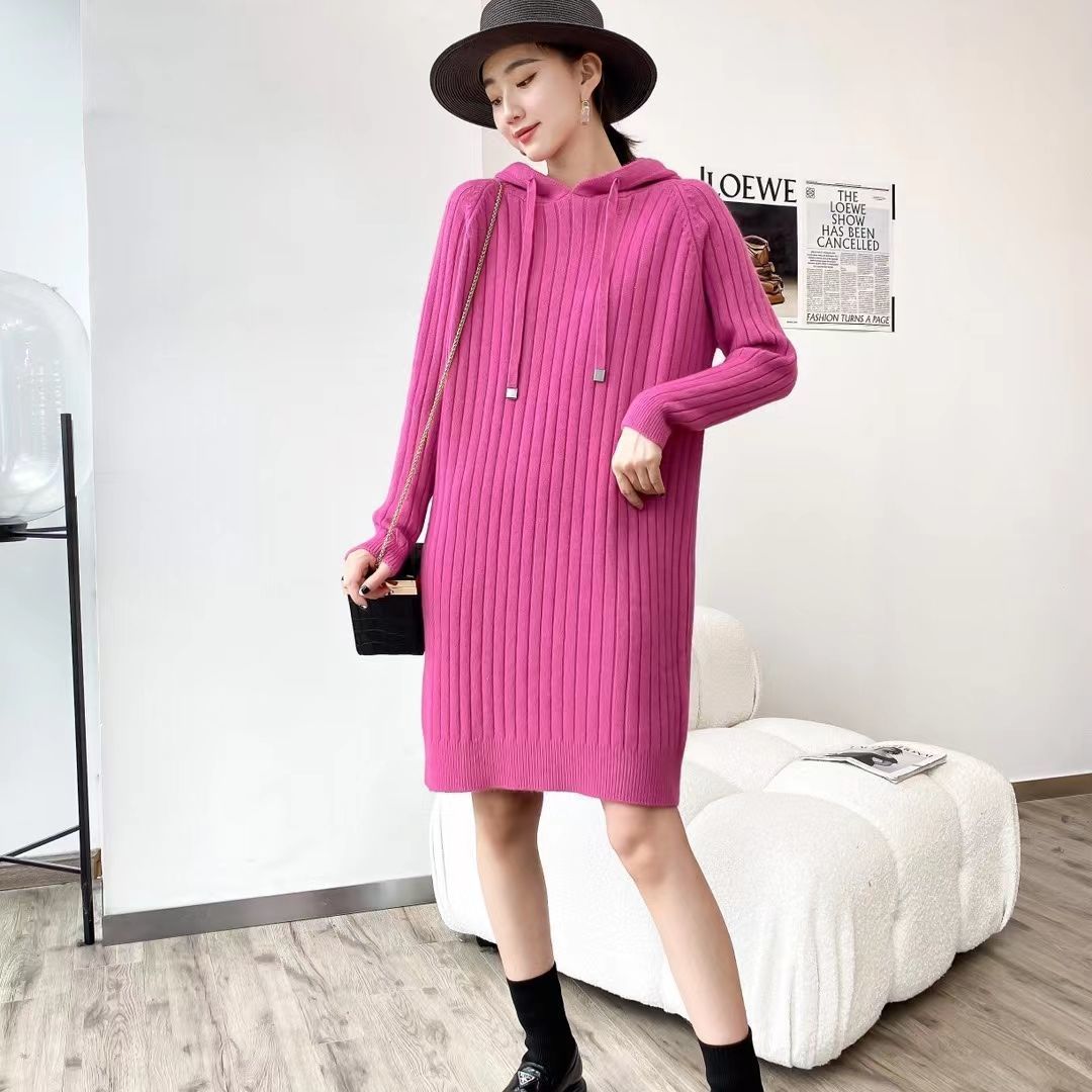 秋冬连帽针织毛衣裙女韩版宽松2021新款中长款连衣裙打底裙厚