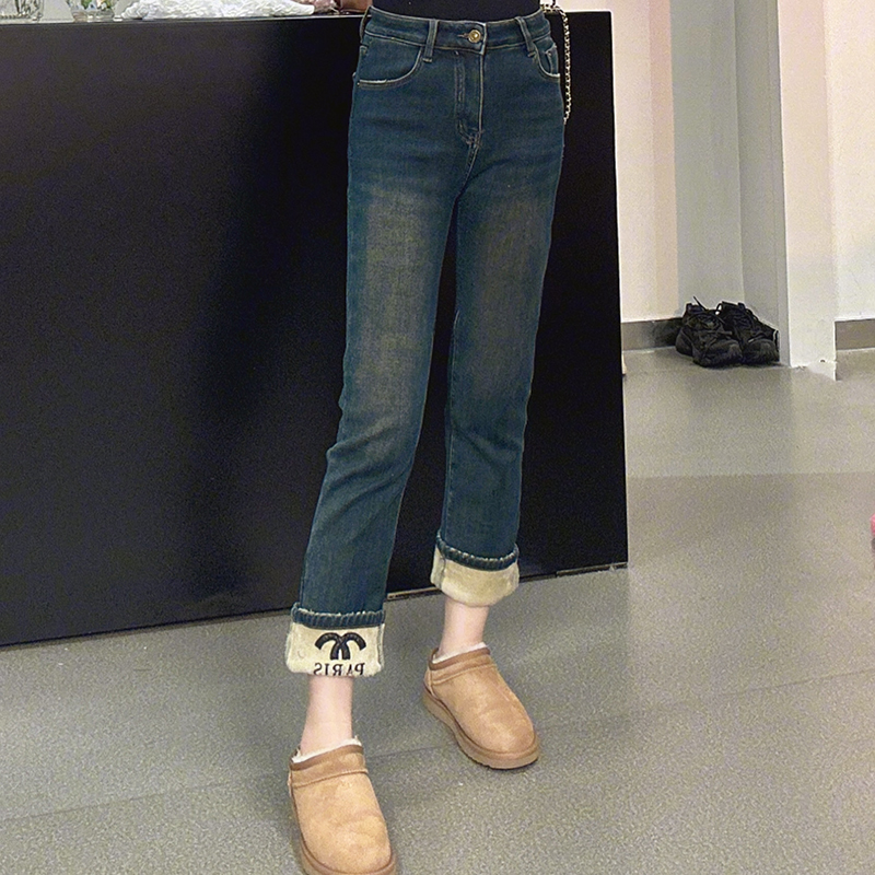 101601秋冬新款高腰加绒牛仔裤女弹力修身显瘦百搭时尚直筒九分裤