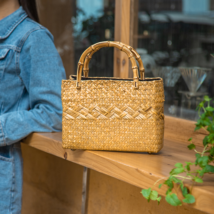 夏季小清新包包百搭时尚迷你款竹把手草编包可爱女生文艺风手提包