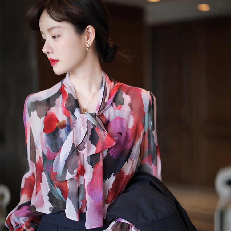 SS1568 早春一抹彩绘 飘逸飘带衬衫 美极了上衣印花春季洋气女士