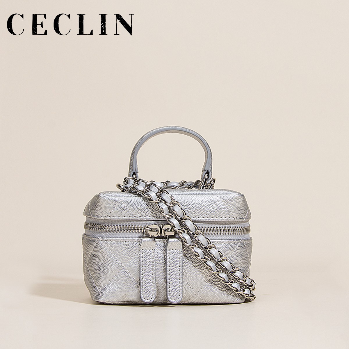 CECLIN小香手提盒子包mini小包斜挎包菱格链条包化妆包口红包银色