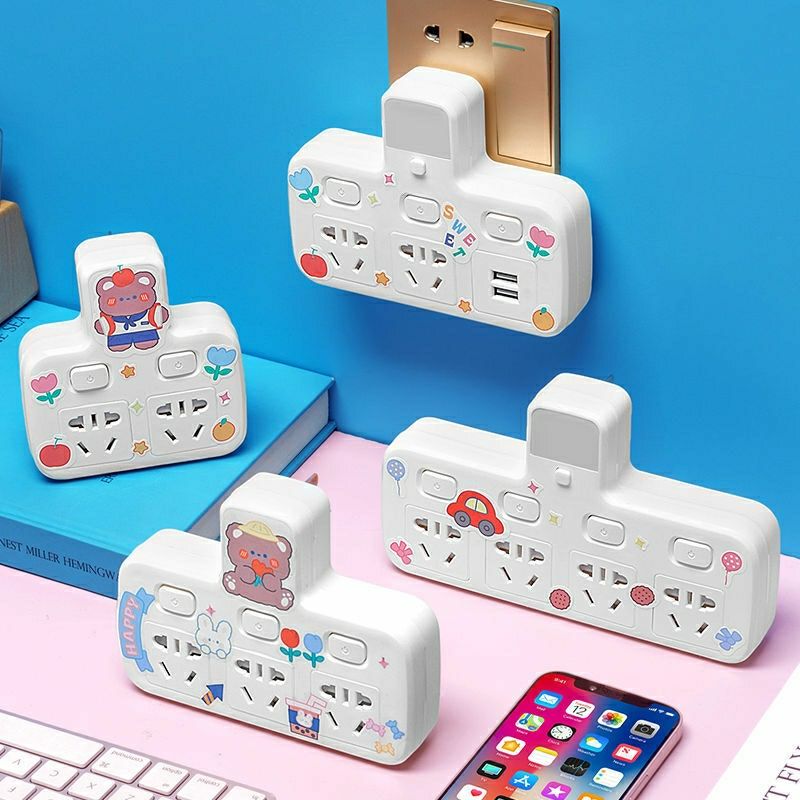 卡通多功能插座多孔转换器一转多位宿舍女学生排插面板带开关USB