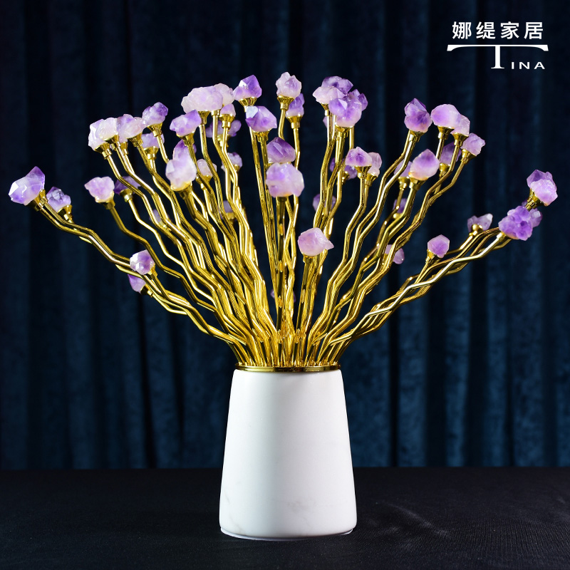 娜缇家居《紫气东来》轻奢欧式客厅紫水石花束摆件家居玄关电视柜