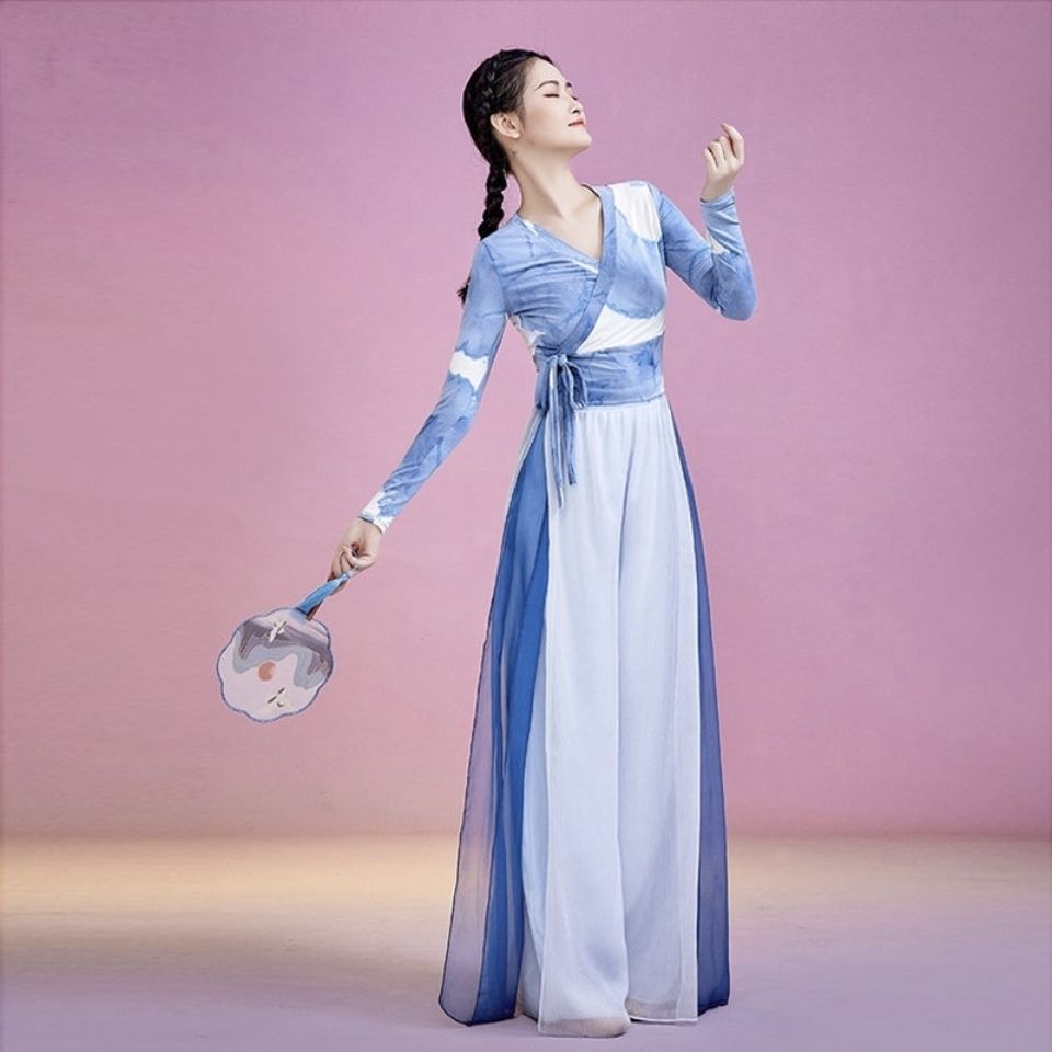 现代舞蹈练功服新款长袖形体训练服上衣扎染中国古典舞身韵服套装
