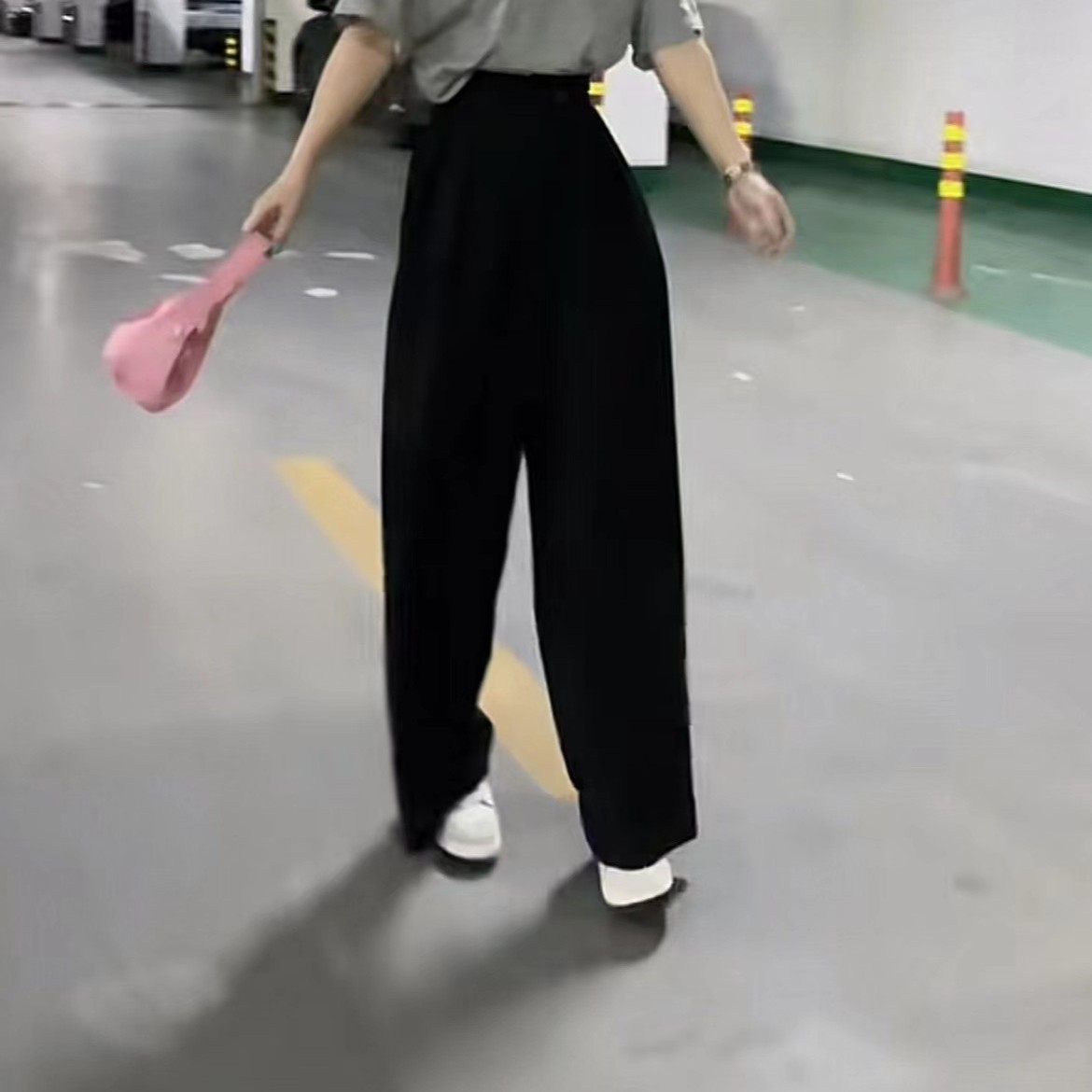 11026余小鱼 黑色高腰显比例宽松洋气斜扣阔腿拖地裤小个子女装