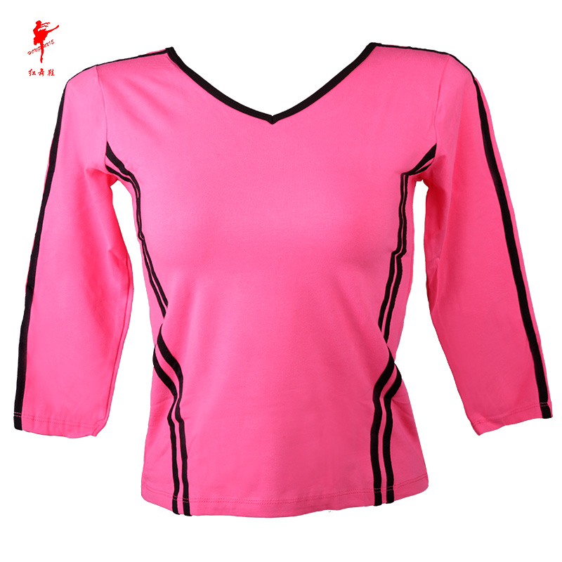 红舞鞋舞蹈服女成人短袖上衣半袖练功服训练形体舞蹈衣v领3871