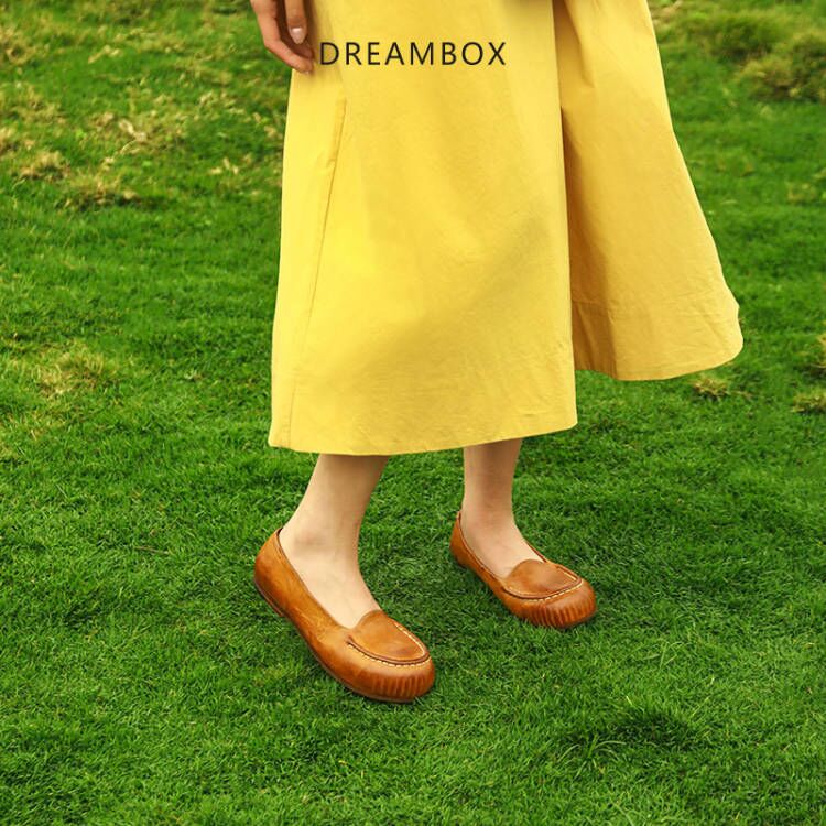 dreambox钧博洋气时尚浅口乐福鞋女手工固特异平底马皮女鞋透气