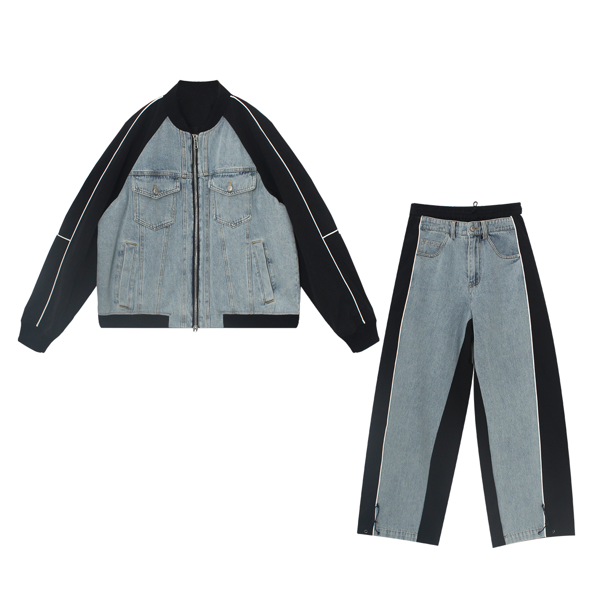 【vicoobaby】潮流拼接韩版复古休闲牛仔时尚撞色套装（CAB194）