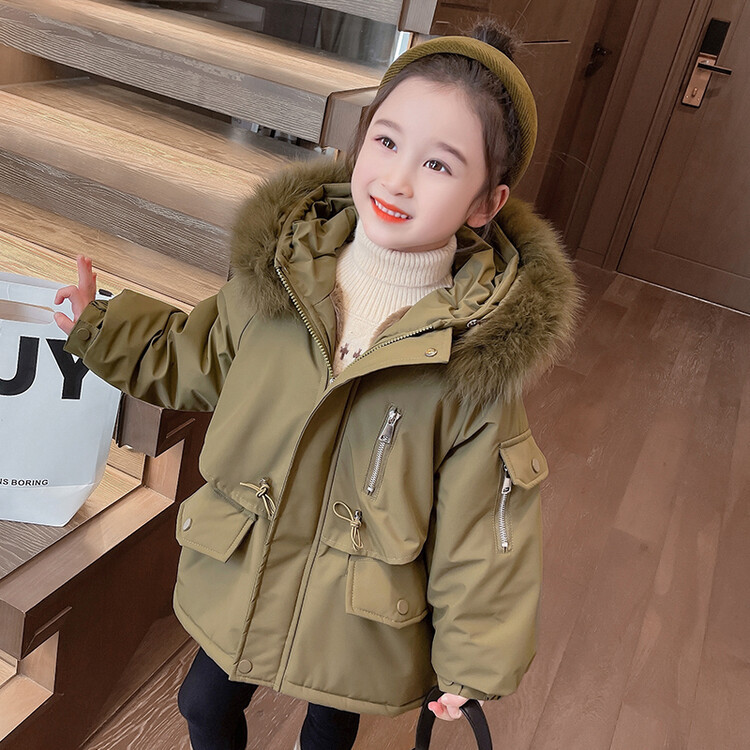 女童派克服冬季2023新款儿童连帽真毛领棉衣中小童加绒棉服外套