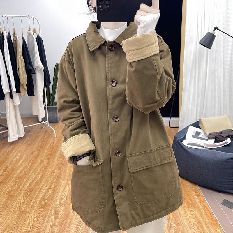 冬装精品韩国纯棉中长款夹棉外套女式加厚上衣2023复古翻领棉衣服