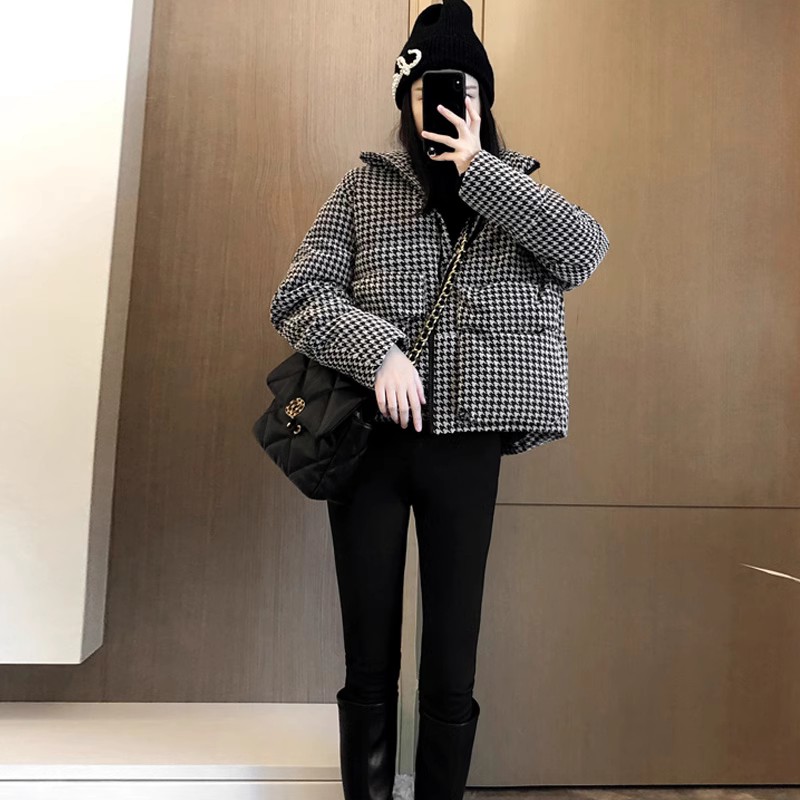2023年新款千鸟格棉服女冬短款小香风棉衣小个子棉袄韩版棉袄外套