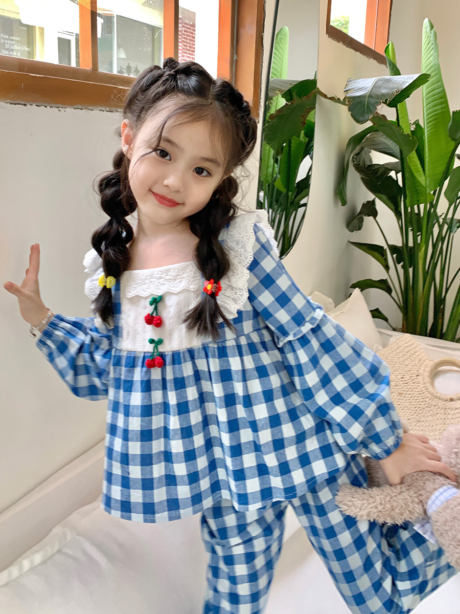 女童居家服女童春秋款可爱格子公主风套装儿童宝宝小女孩长袖睡衣