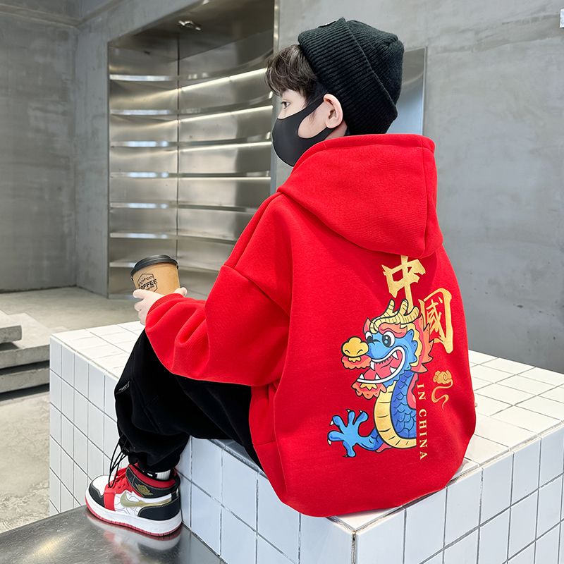 男童宝宝洋气卫衣一体绒秋冬新款大儿童打底衫冬季红色拜年服龙年