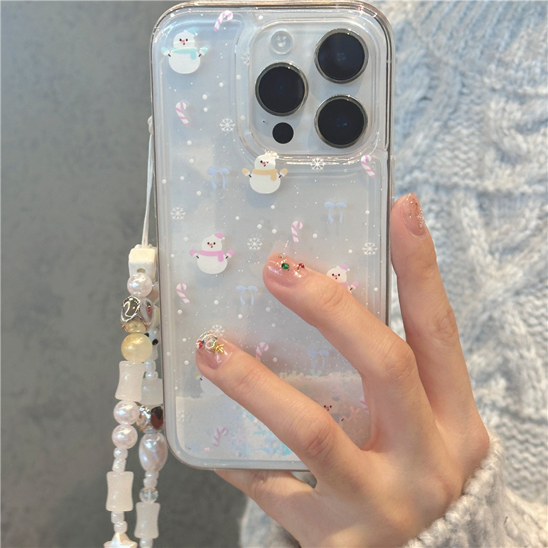 流沙蝴蝶结雪人适用iPhone15创意14promax12手机壳苹果13链条11女